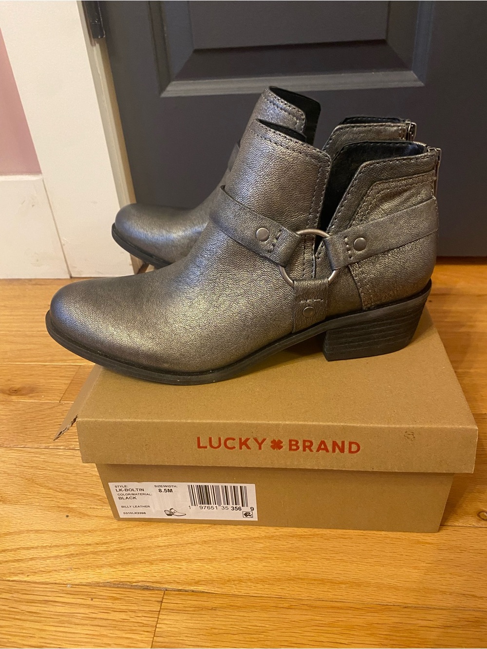 Lucky Brand Metallic Silver Ankle Booties with Ring Strap